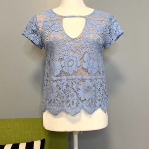 Express Blue Lace Overlay Nude Illusion Top XS